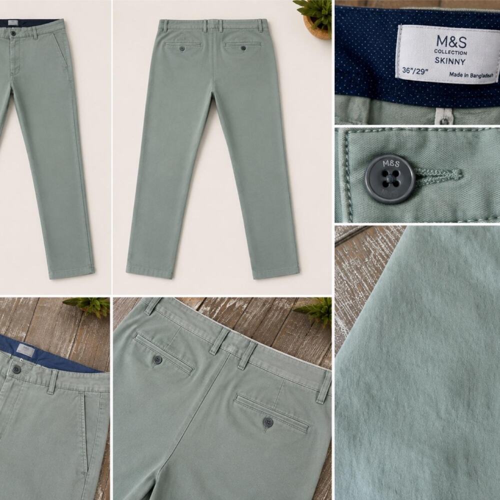 M&S Collection men’s skinny fit chinos in a soft sage green color. Size 36”